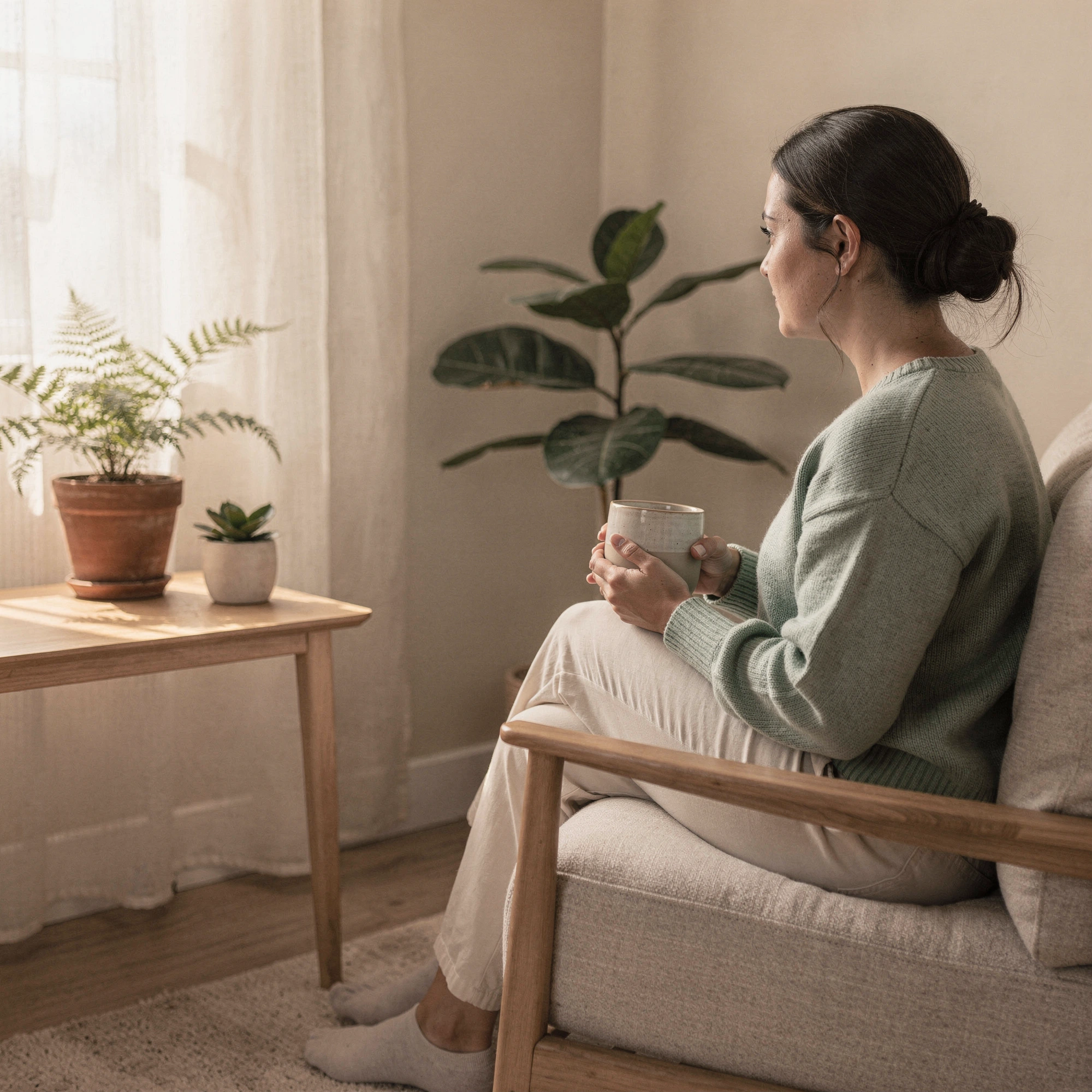 Woman sitting calmly by a window — psychiatric care serving Temple, TX